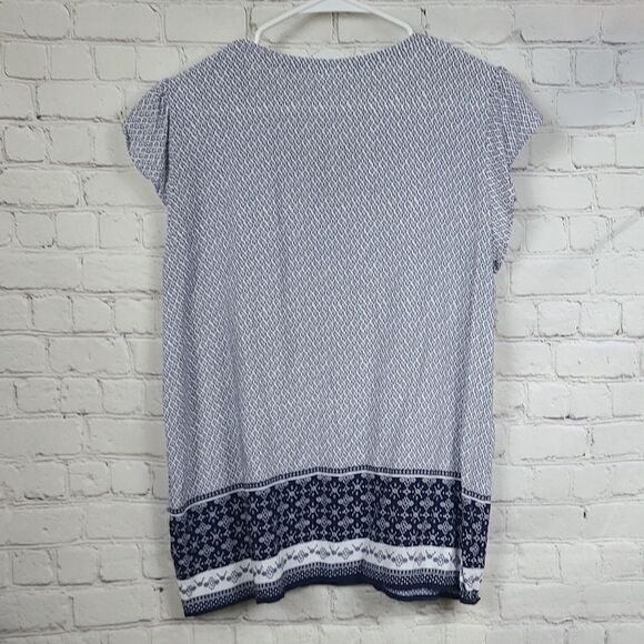 Liz Claiborne Blue Flutter Sleeve Border Print Lace Up Blouse Medium Tunic Top - Picture 7 of 8